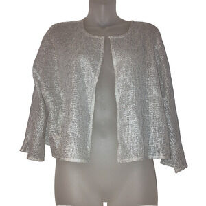 Perse Womens Silver Metallic Open Front Cropped Jacket Size 16 BG12